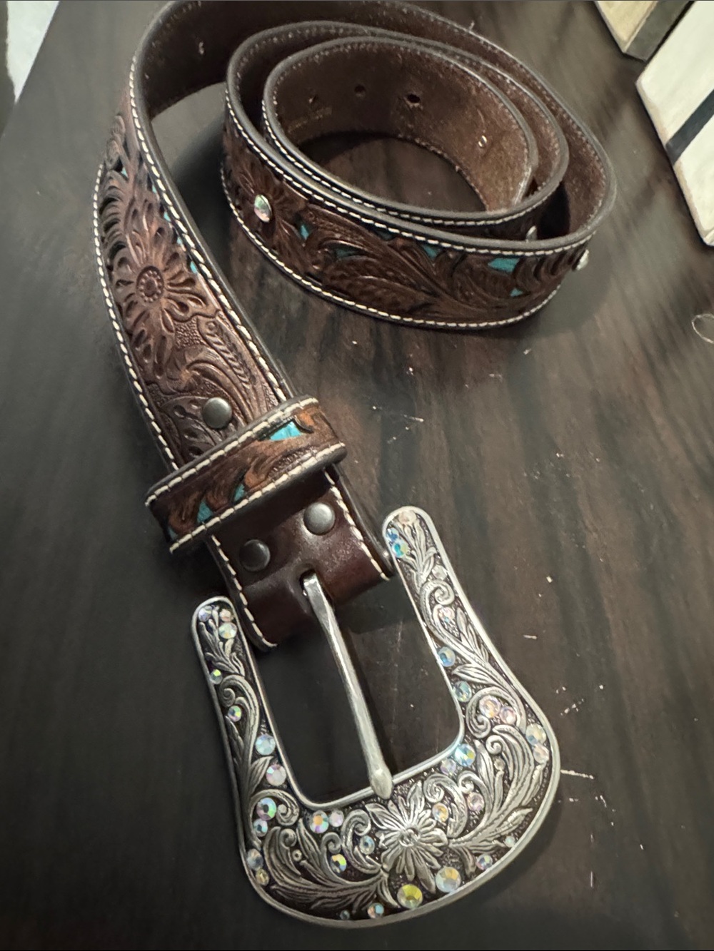 Ariat Brown Turquoise Tooled Leather Western Belt with Decorative Buckle